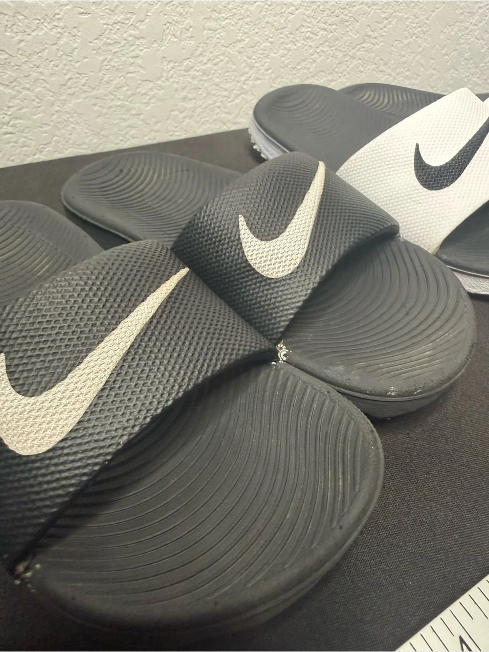2 pairs Nike Kids Slide Sandals in Black & White with Swoosh size 12c